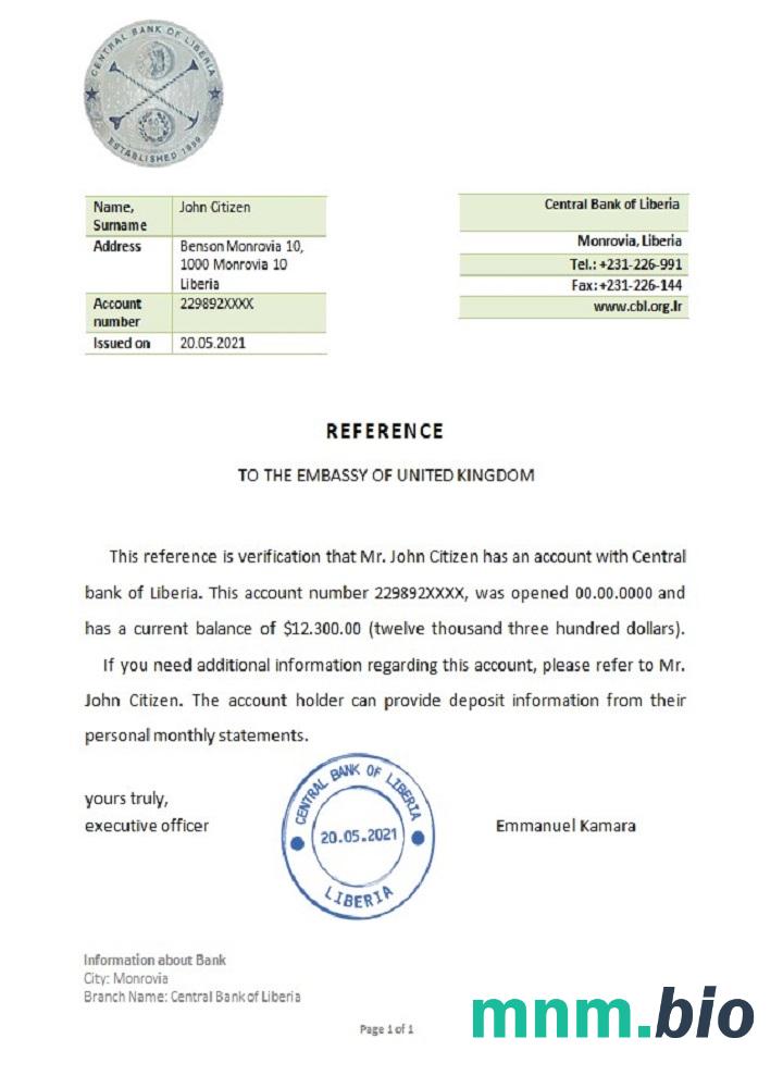 Przykład odniesienia Banku Centralnego Liberia w formatach Word i PDF